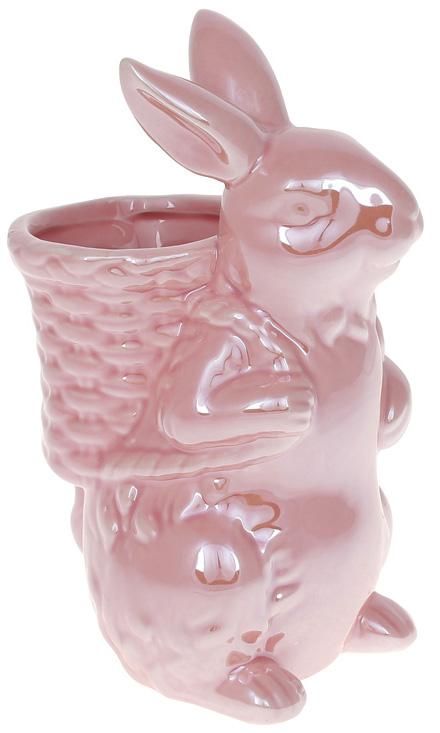 Статуэтка Умный Кролик 13,5х10,5х21 см керамическая с мини-кашпо Розовый перламутр (BD-733-384)