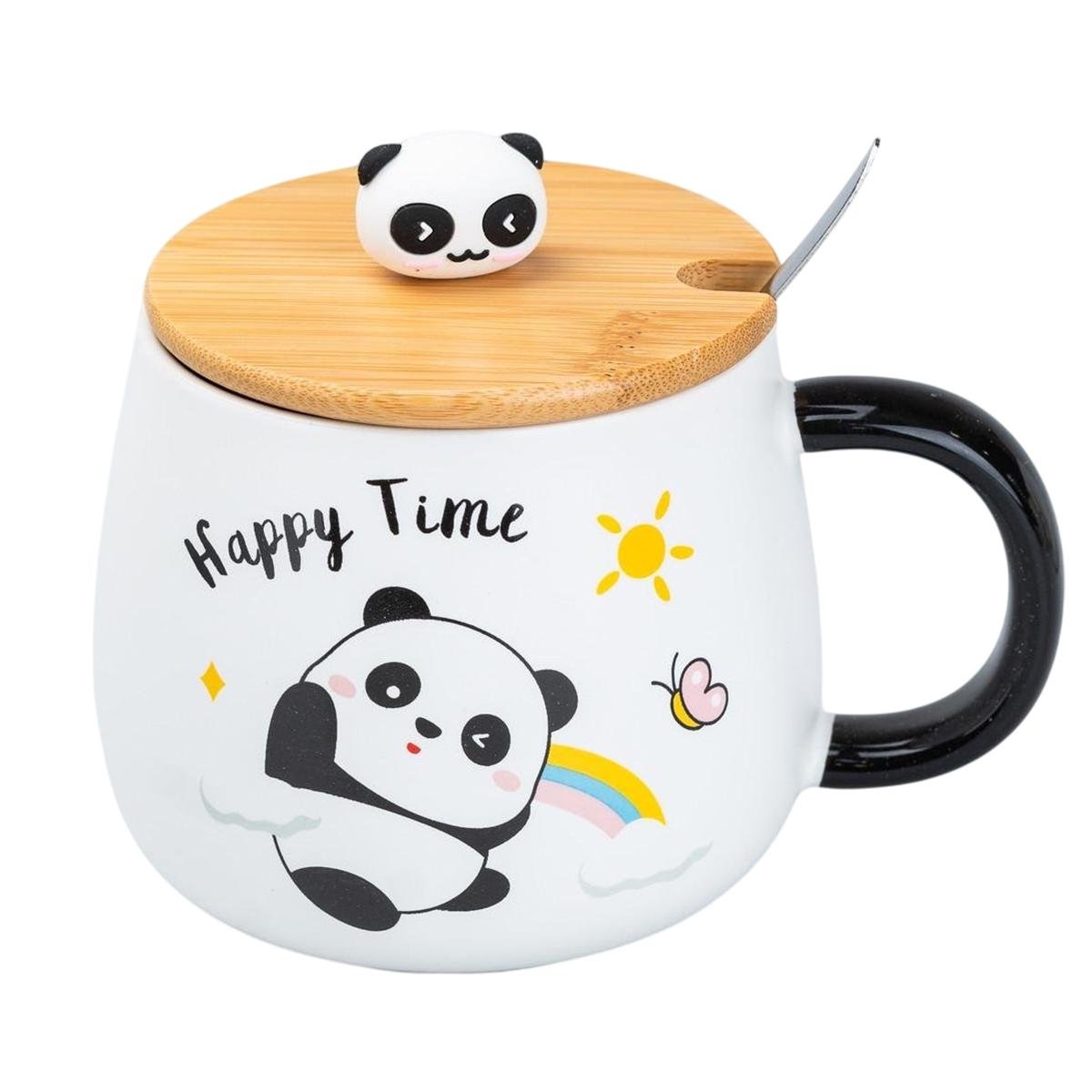 Кружка керамічна Panda Happy time з кришкою та ложкою 450 мл (HP7203R)