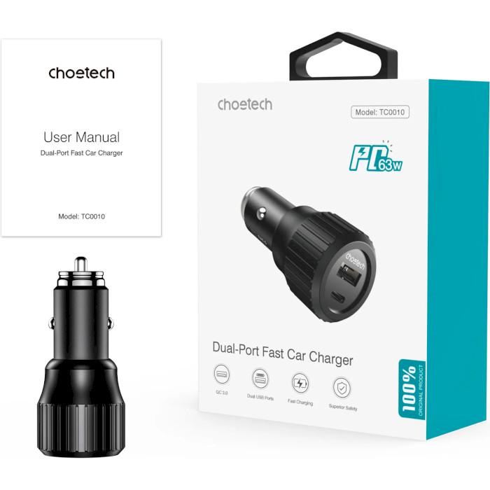 Автозарядка Choetech 63W з підтримкою PD 45W та QC 3.0 18W USB-C+USB-A TC0010-BK Чорний (615285) - фото 3