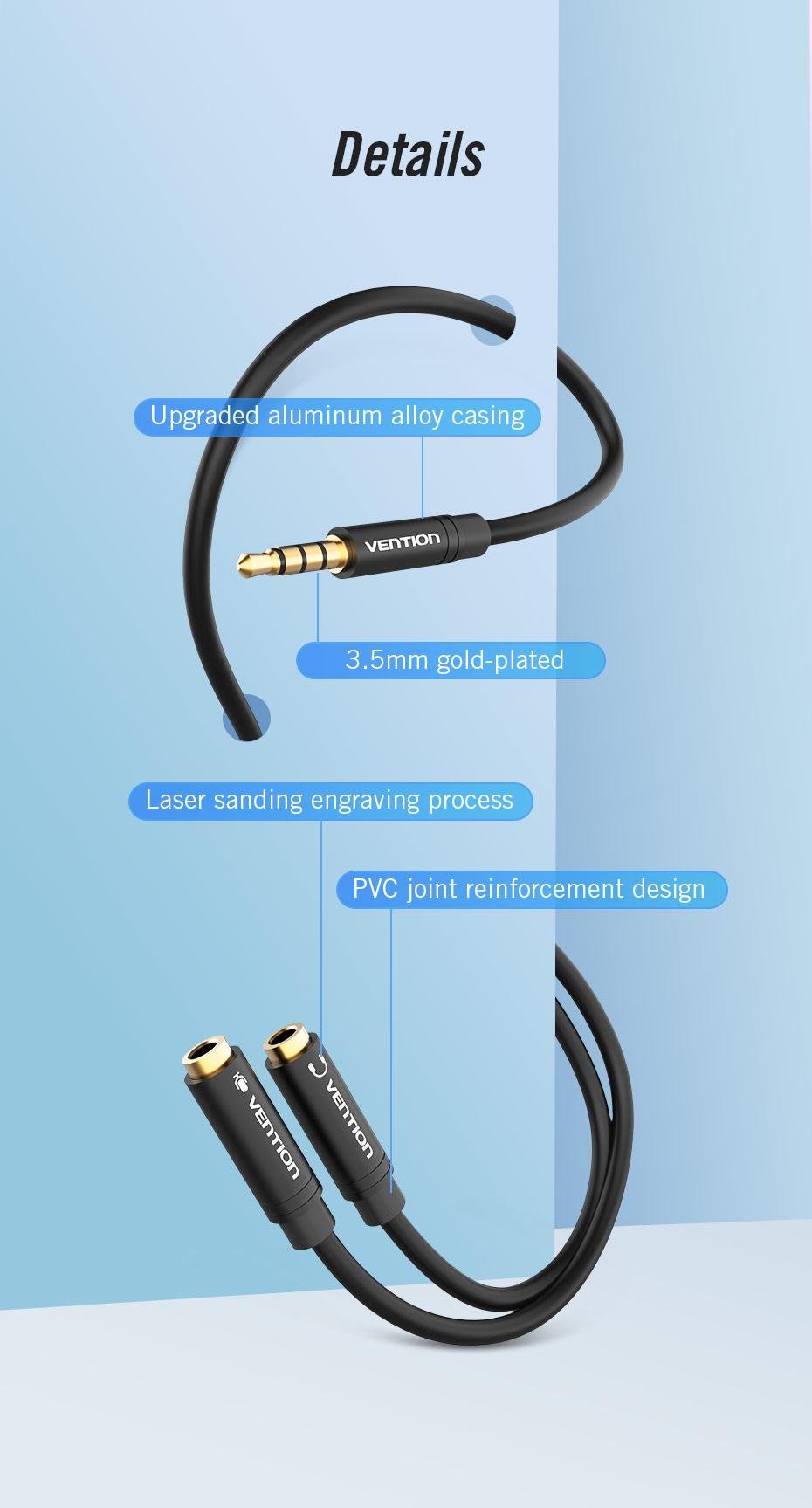 Перехідник Vention 3.5 мм minijack-2х3.5 мм/minijack AUX 4-піновий TRRS 0,3 м Чорний (BBVBY) - фото 7 Перехідник Vention 3.5 мм minijack-2х3.5 мм/minijack AUX 4-піновий TRRS 0,3 м Чорний (BBVBY) - фото 7