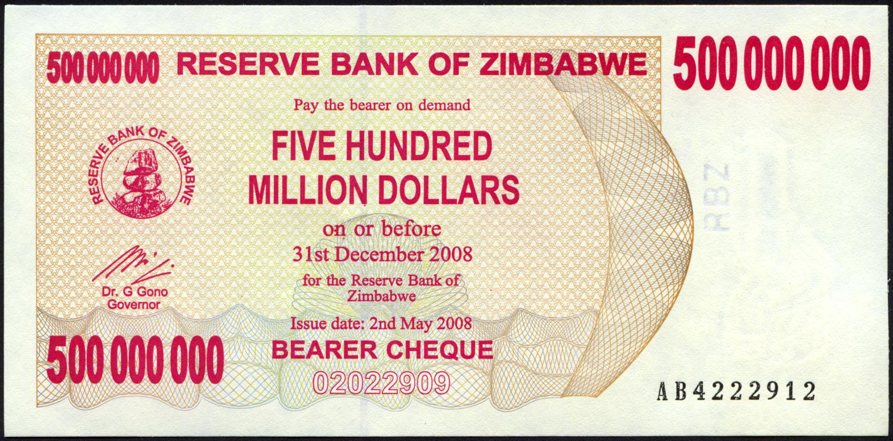 Коллекционная банкнота Зимбабве 2008 500 миллионов долларов чек на предъявителя P60 UNC