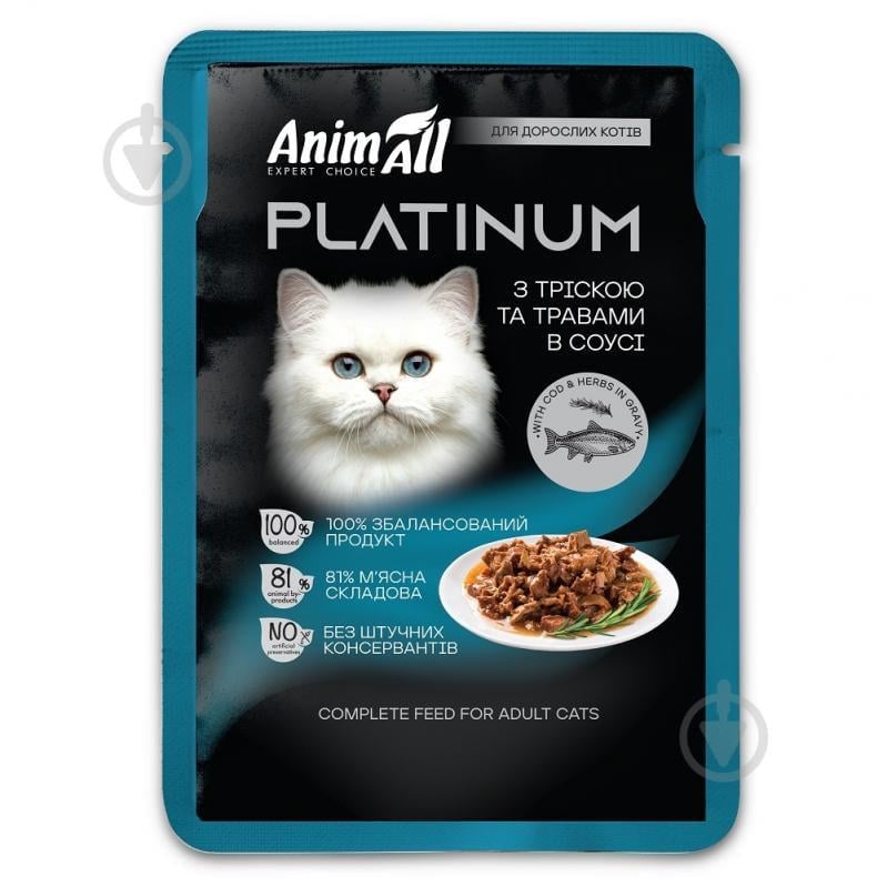 Корм влажный для кошек AnimAll PLATINUM пауч с треской и травами в соусе 85 г (185830)