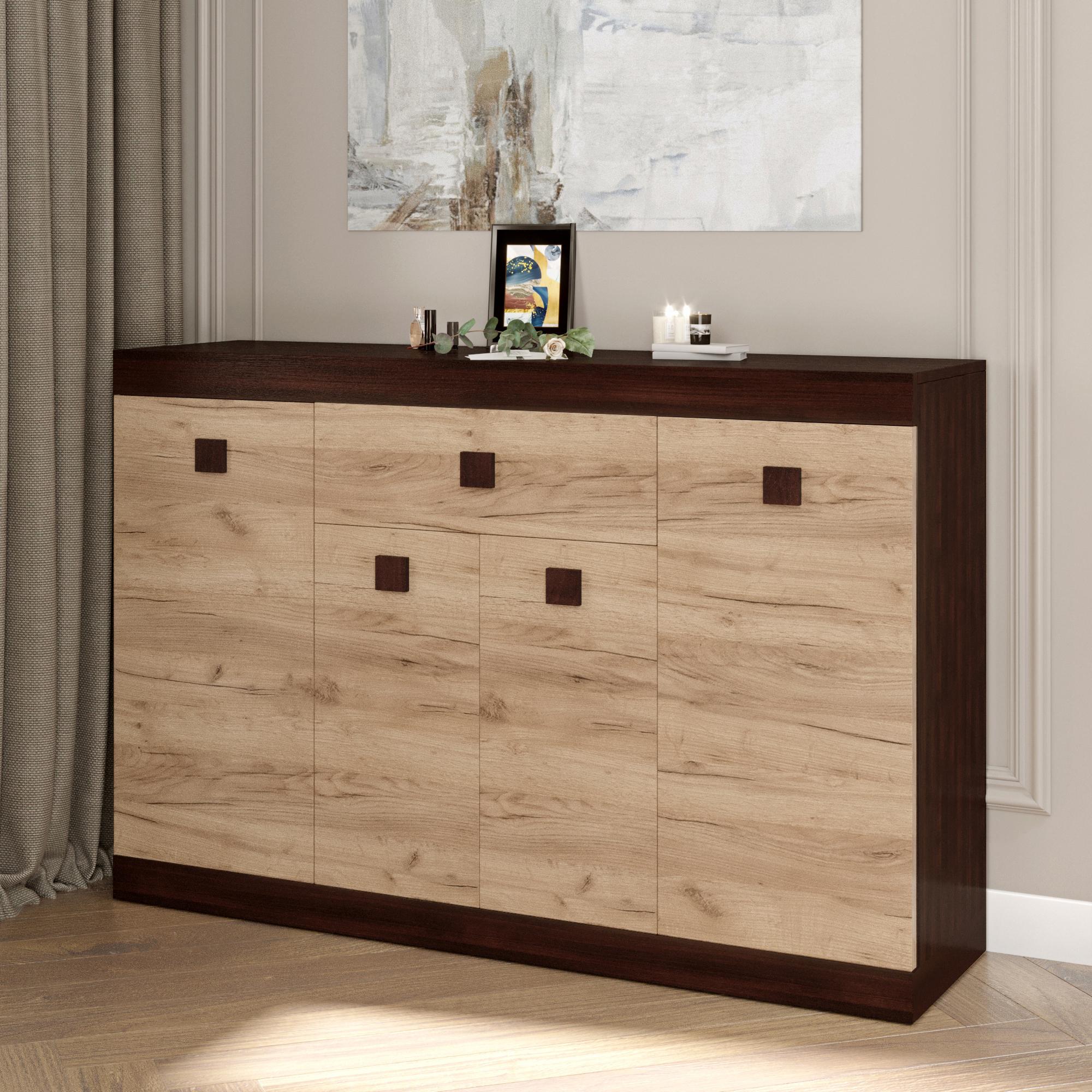 Комод Эверест Соната-7 с дверями и ящиком Венге темный/Дуб крафт золотой (EVR-2017)