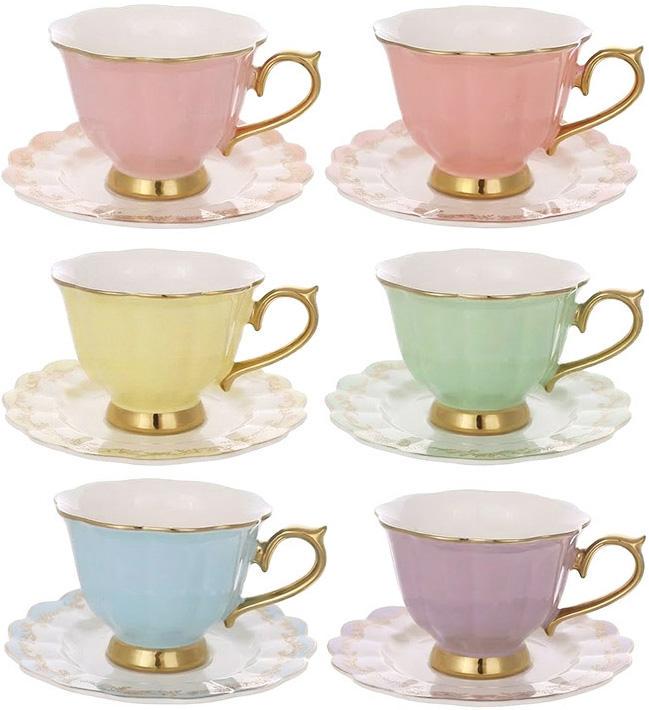 Чайный фарфоровый сервиз Pastel Royale 6 чашек с блюдцами 230 мл