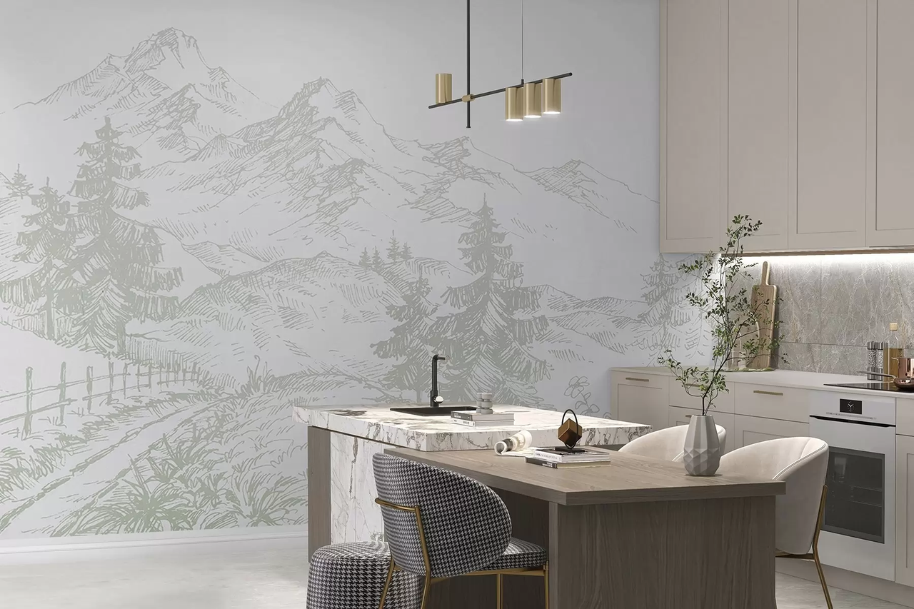 Фотообои флизелиновые Styleo Гравюра горный пейзаж u99572v1 350х270 см Оливковый