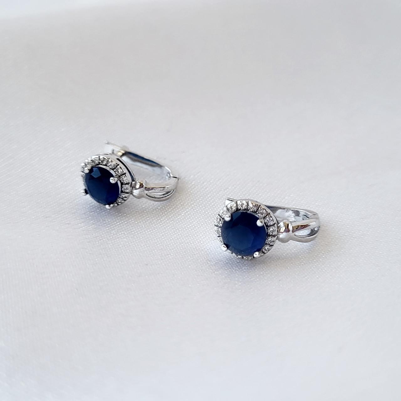 Серьги Круг с большим синим камнем из серебра 925 пробы 2 г (5801ор)