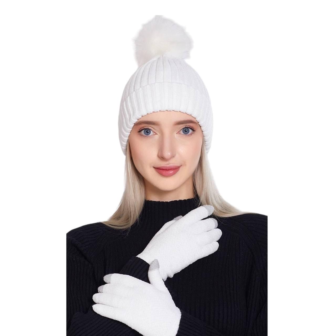 Шапка з помпоном та перчатки сенсорні унісекс Білий (01242) - фото 3 Шапка з помпоном та перчатки сенсорні унісекс Білий (01242) - фото 3