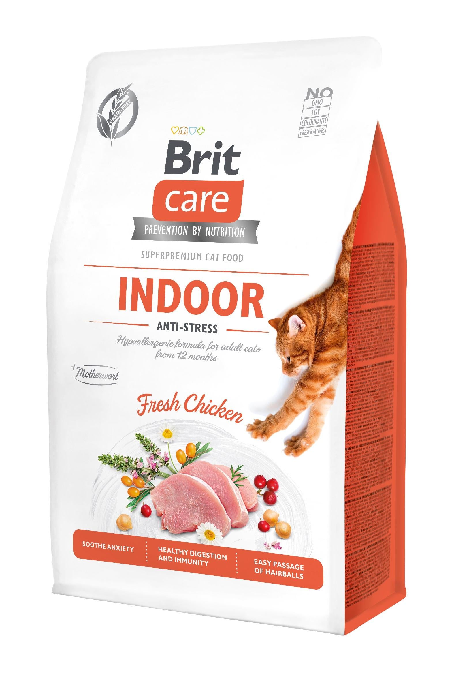 Корм сухий для кішок живуть у приміщенні Brit Care Cat GF Indoor Anti-stress з куркою 0,4 кг (8595602540860)