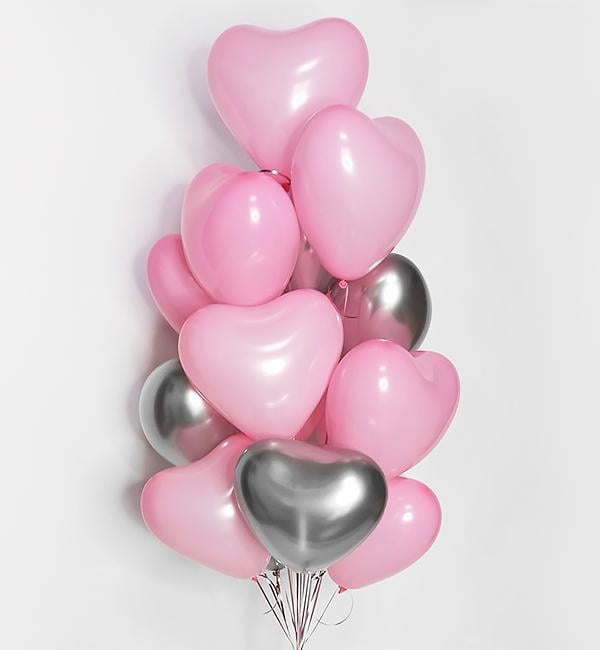 Набор воздушных шаров Сердечки 12 шт. Розовый с серебром (10108)