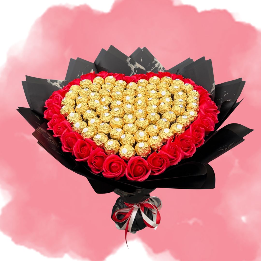 Букет из конфет Ferrero Rocher Golden Heart of Roses и красных мыльных роз в подарок (bbfbfd)