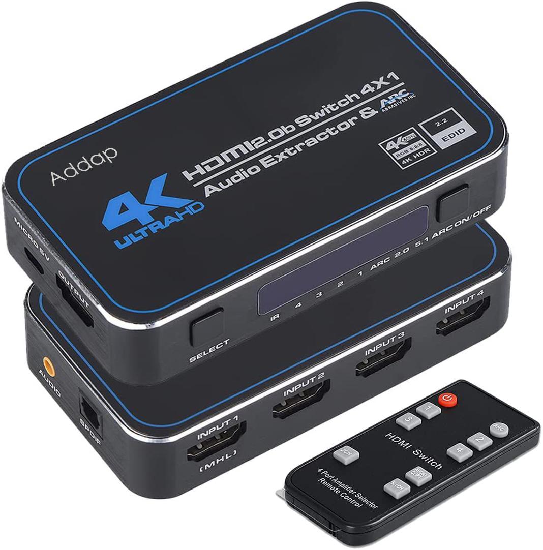 Коммутатор-свитч на 4 порта HDMI Addap HVS-04 четырех направленный видео переключатель 4К с ARC Черный