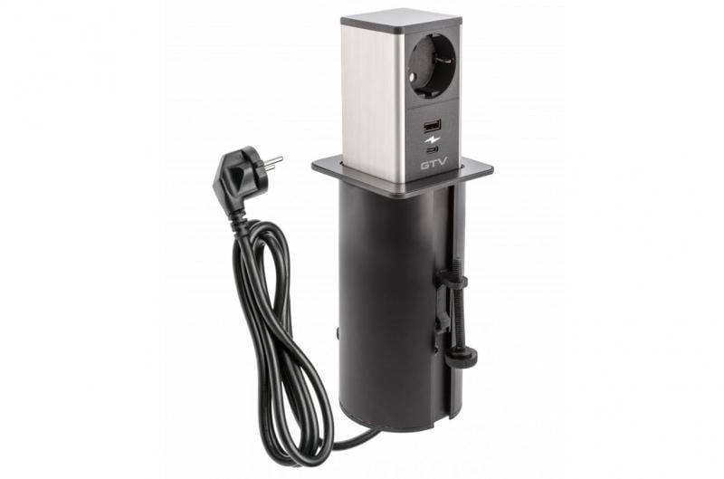 Подовжувач врізний-висувний квадратний GTV TOWER Schuko USB TYPE-C кабель 1,5 м Чорний (27848680)