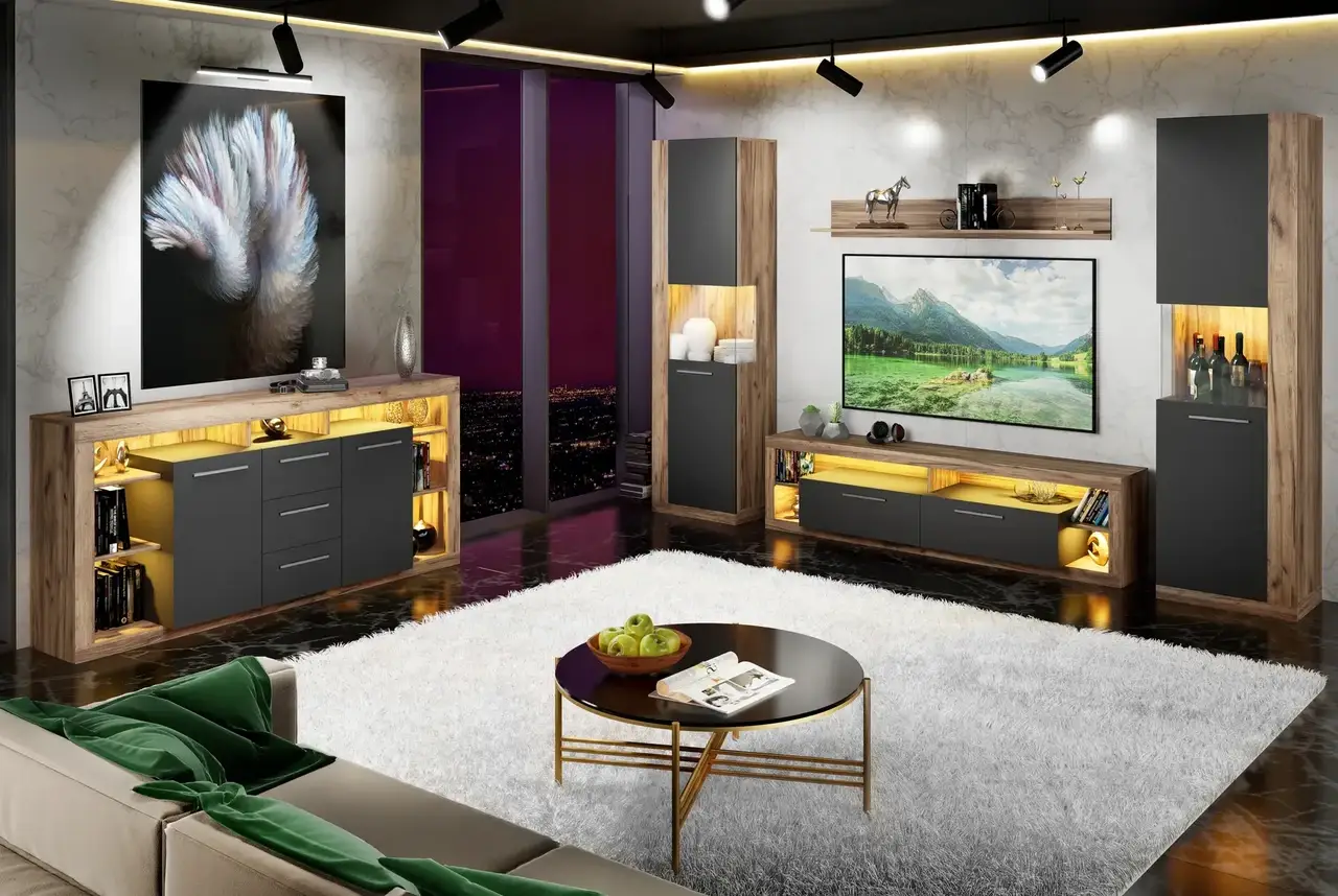 Гостиная комплект Artos Design Lumiko 3 из ЛДСП/стекло Дуб крафт золотой/Антрацит (49357)