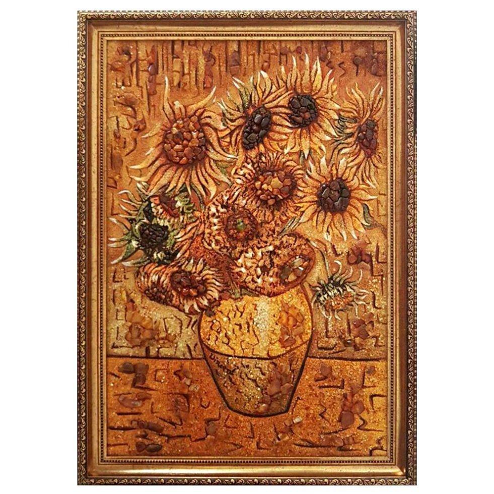 Картина Ваза с подсолнечниками из янтаря 20х30 см (К0029-20х30)