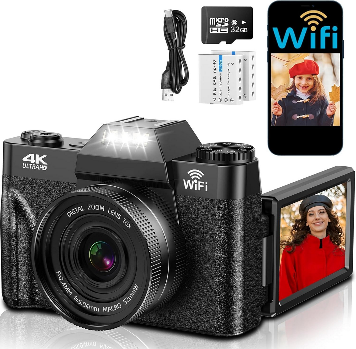 Цифровая камера GAMBEA DC02 4K 75 Мп Wi-Fi карта 32 ГБ и 2 АКБ (3026157931)