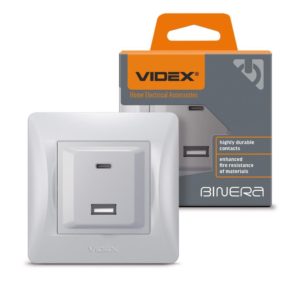 Розетка Videx BINERA USB-A+USB-C PD20W Серебряный шелк (12113)