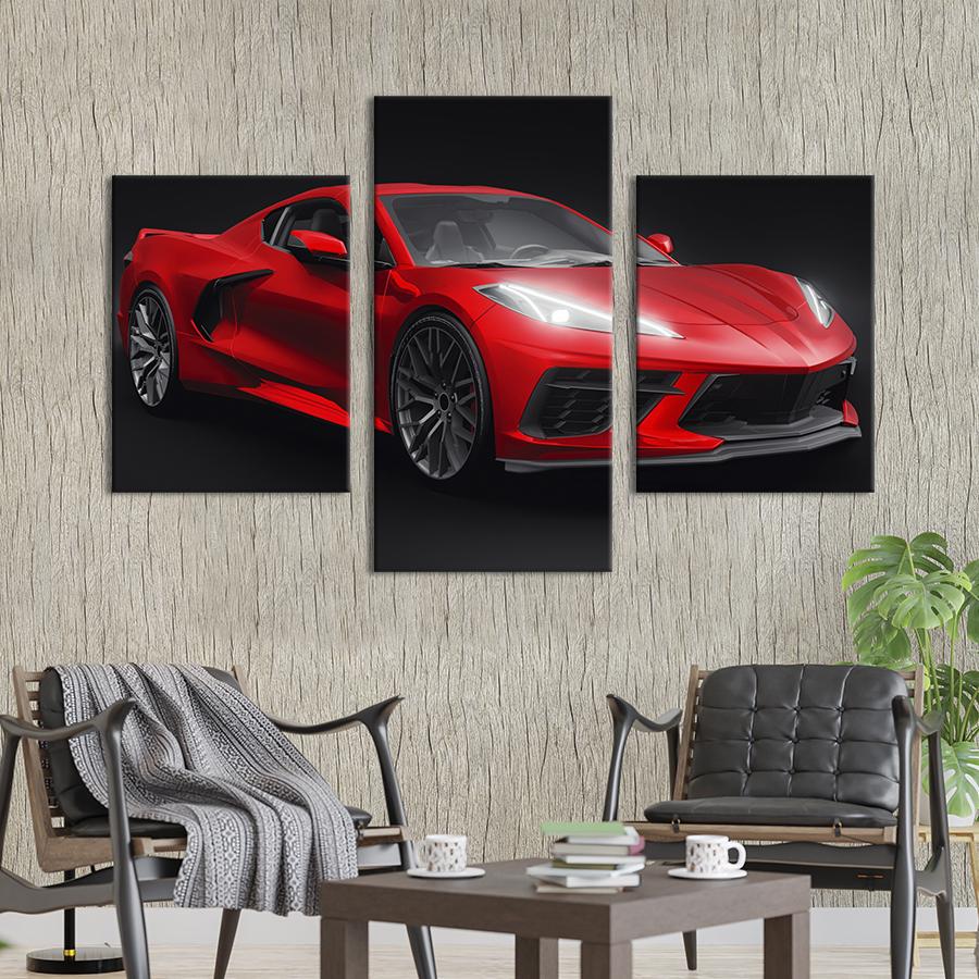 Картина на холсте триптих Яркий красный Chevrolet Corvette 96x60 см (1408-32)