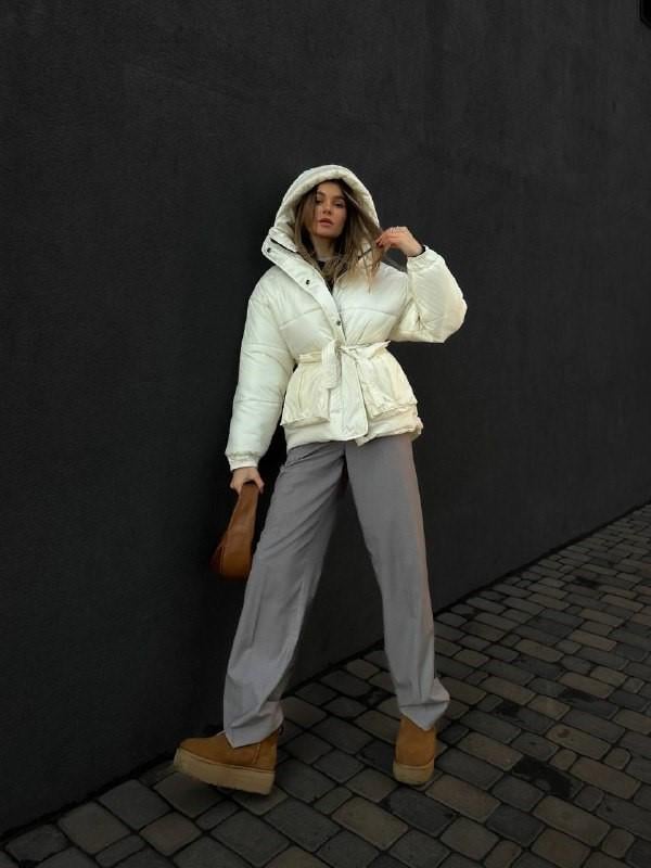 Куртка женская короткая ZF Inspire 1010 удлиненная сзади с большим капюшоном и ремнем SM Белый (1010-Б-SM)