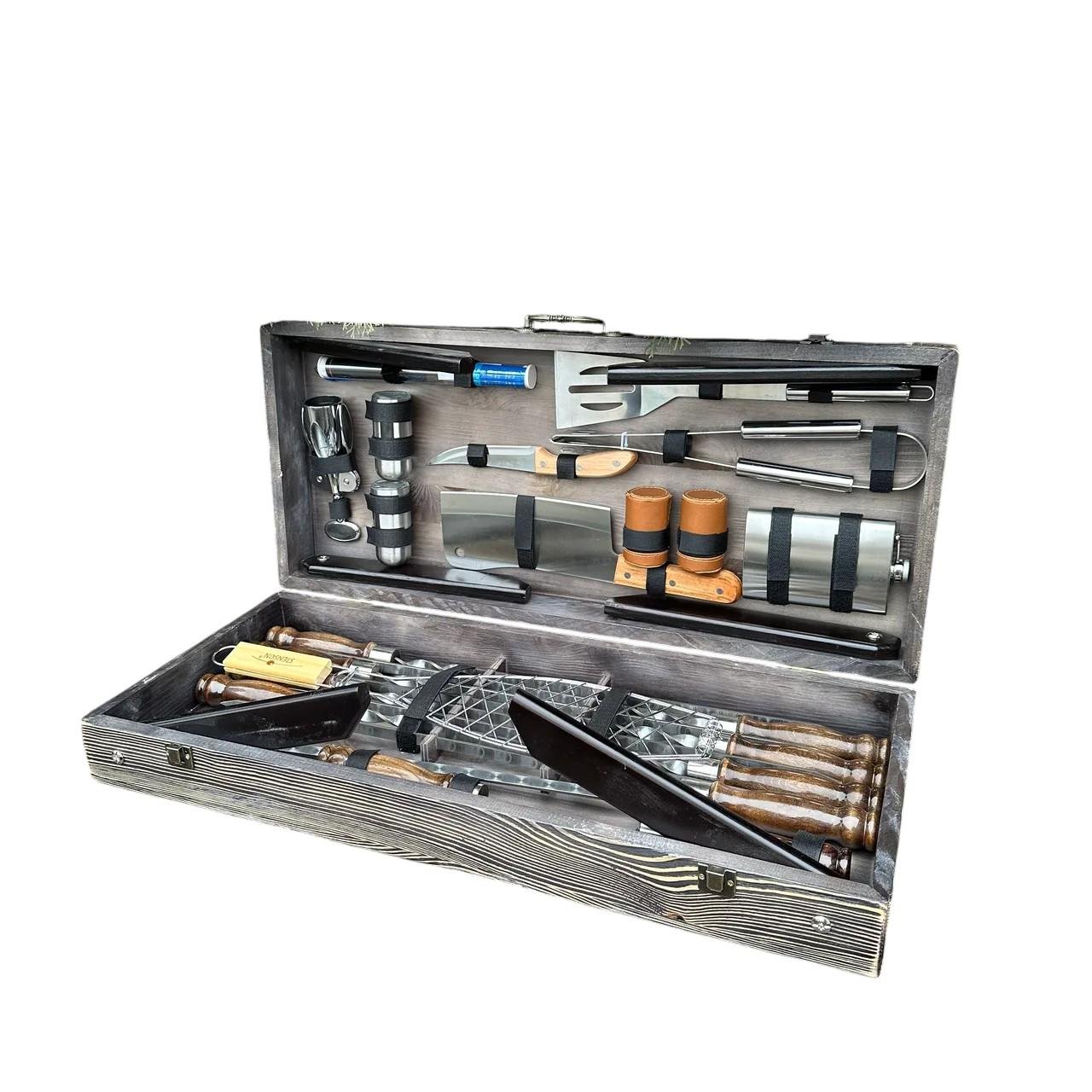 Набор шампуров с аксессуарами Mzavod Мастер Гриль из нержавеющей стали в деревянном кейсе-столе 680x300x110 мм (136-17-1191610000869)