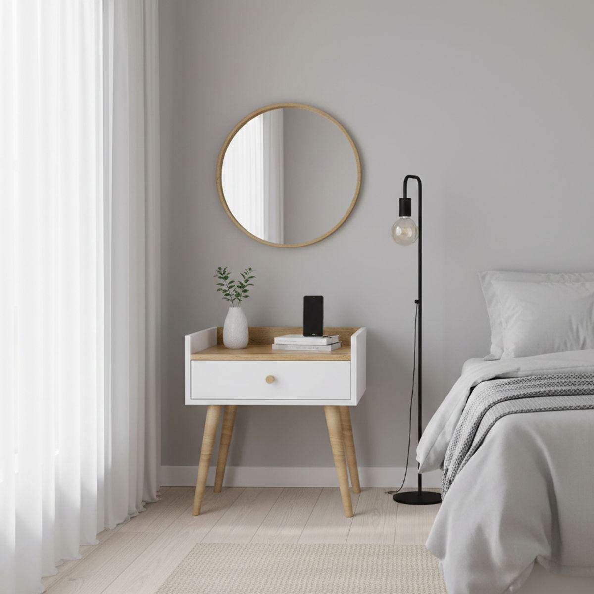 Тумба приліжкова у скандинавському стилі AiH Asgard 1 з шухлядою ЛДСП/дерев’яні ніжки 50х55х40 см Дуб Крафт золотий/Білий діамант (AG06011200000)