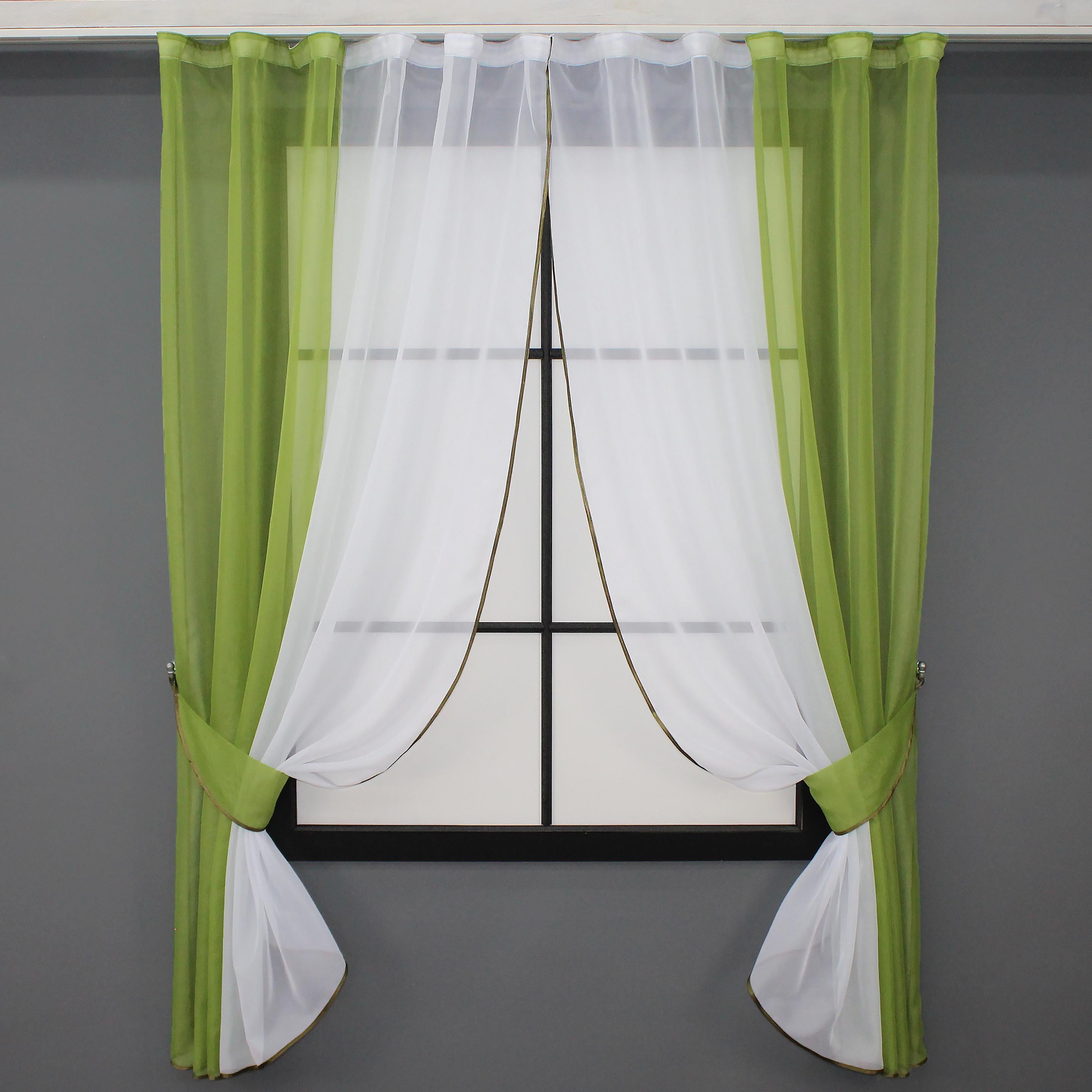 Шторы кухонные VR-Textil №017к комбинированные с подвязками 265х170 см Оливковый/Белый (50-018)