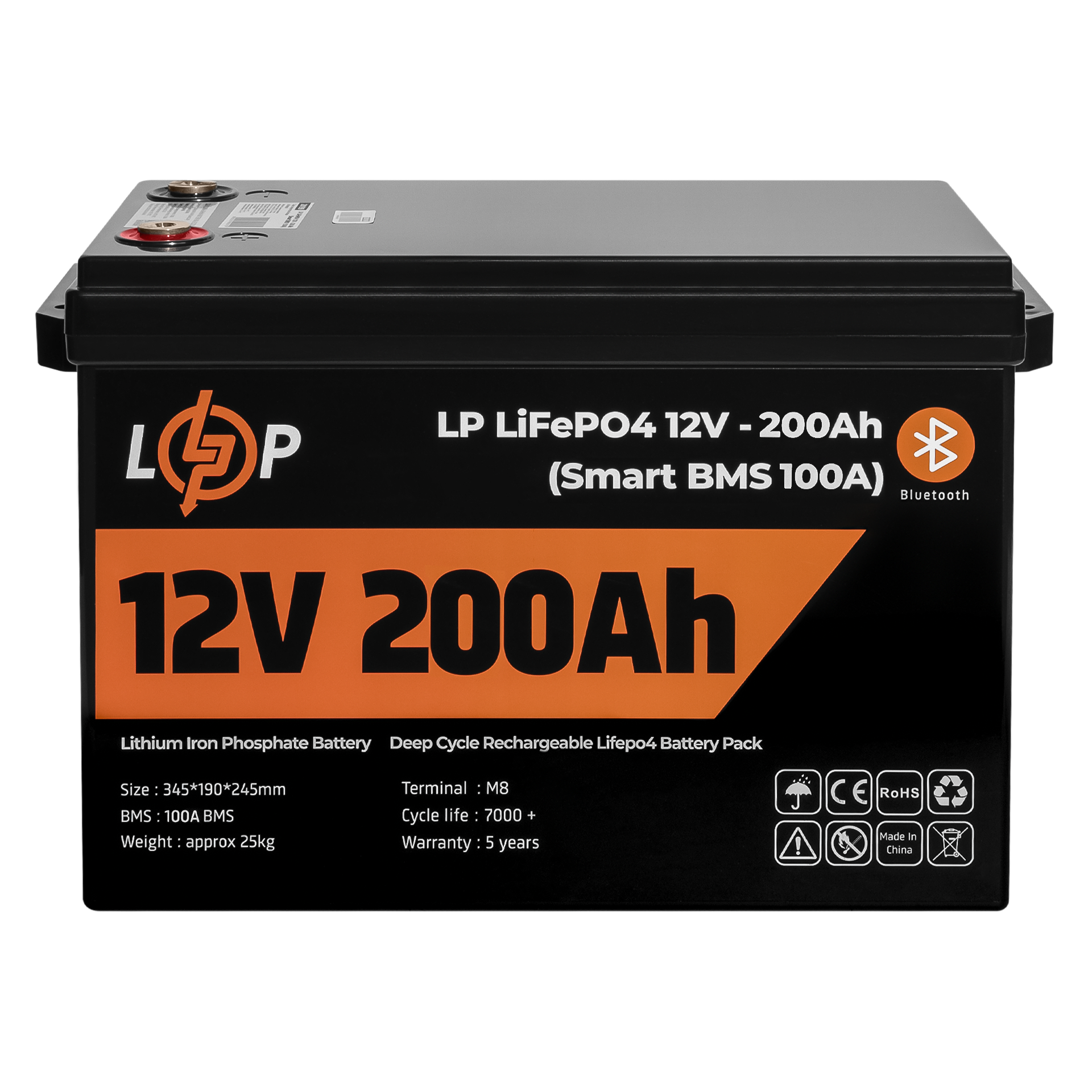 Акумулятор для ДБЖ LogicPower LiFePO4 з BT пластик Smart BMS 100А 12V 200 Ah 2560Wh (20198)