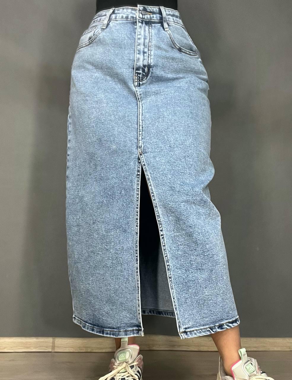 Юбка женская джинсовая Moss 505 длинная большие размеры с разрезом стрейч р. 31 Голубой (4056)