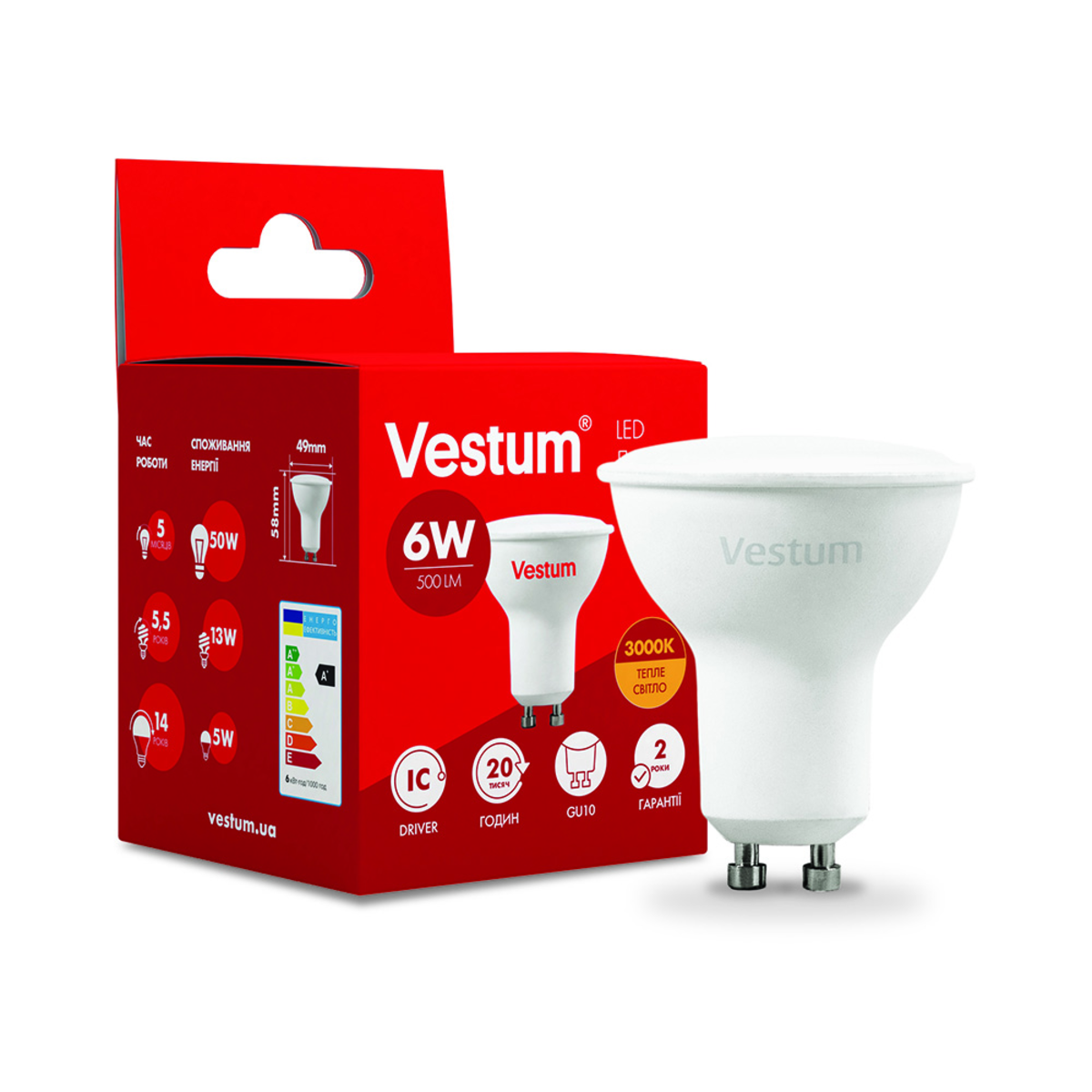 Лампа светодиодная Vestum 1-VS-1505 MR16 6W 3000K 220V GU10 (12931207)