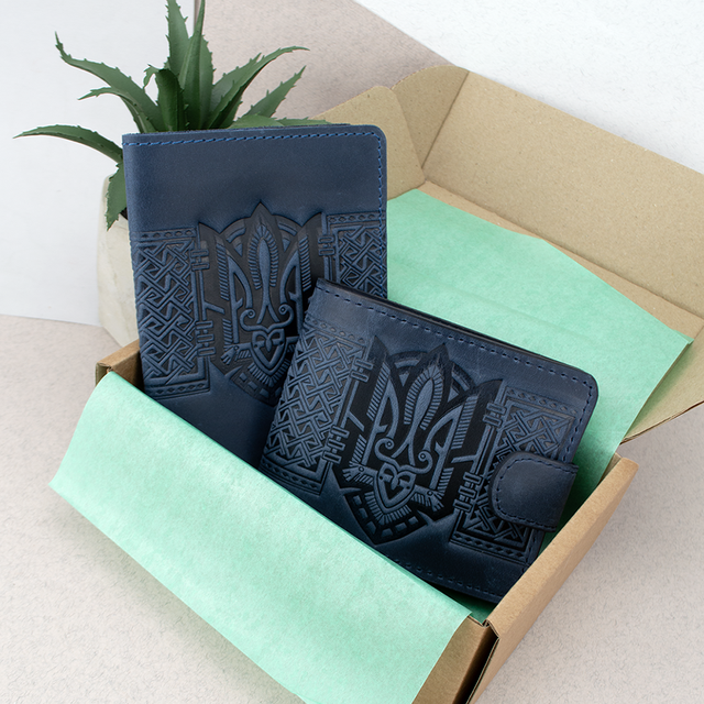 Подарочный набор мужской №85 портмоне/обложка на паспорт Синий (2104623099)