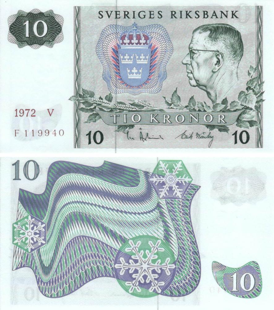 Коллекционная банкнота Швеция 10 крон 1972 UNC P52 (Б09263)