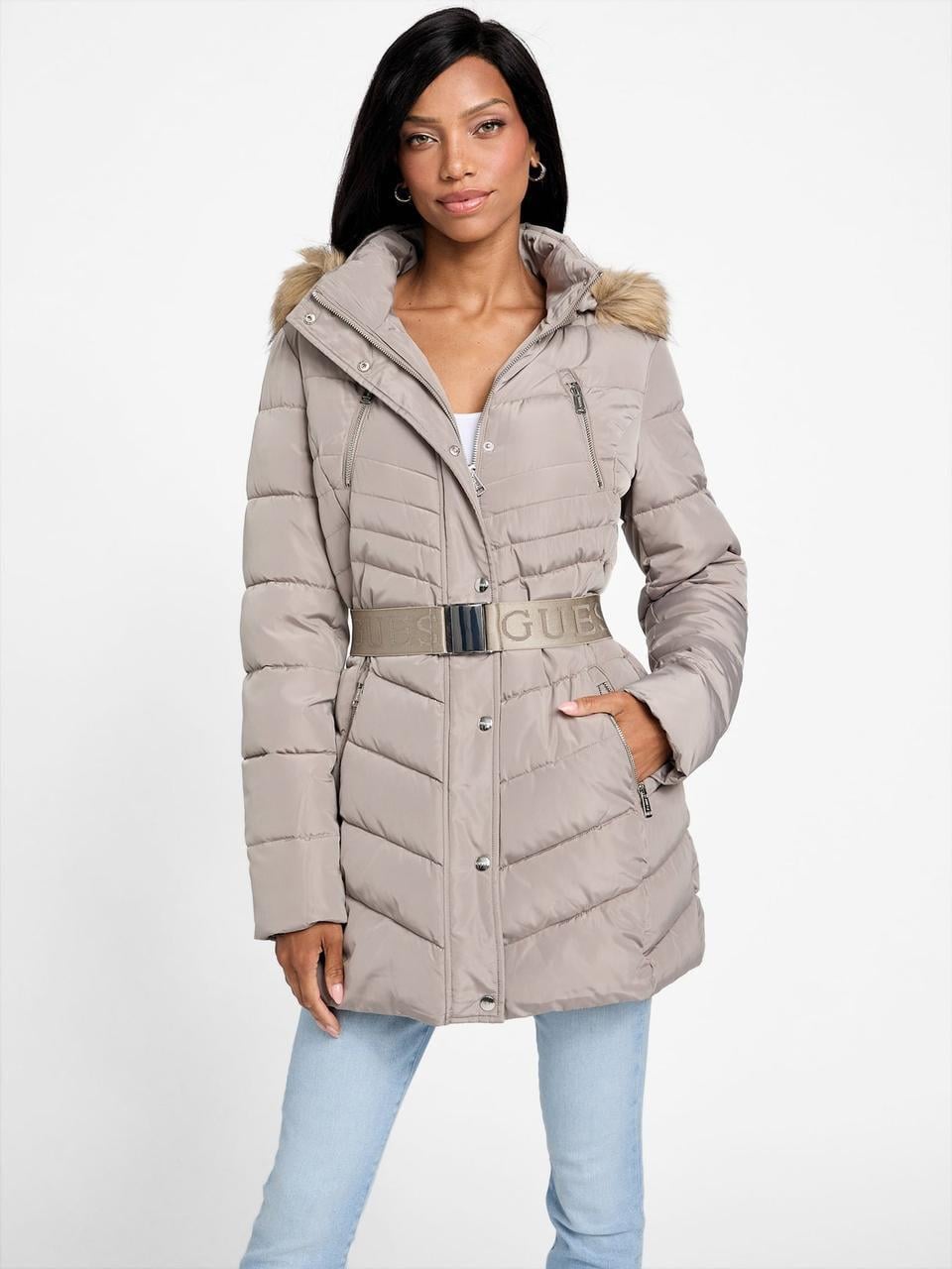 Куртка жіноча Guess stevie hooded puffer S Бежевий (7626741485406)