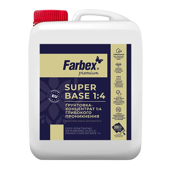 Ґрунтовка-концентрат Farbex 1:4 водно-дисперсійна акрилова глибокого проникнення SuperBase 5 л Безкольоровий (2792906359)