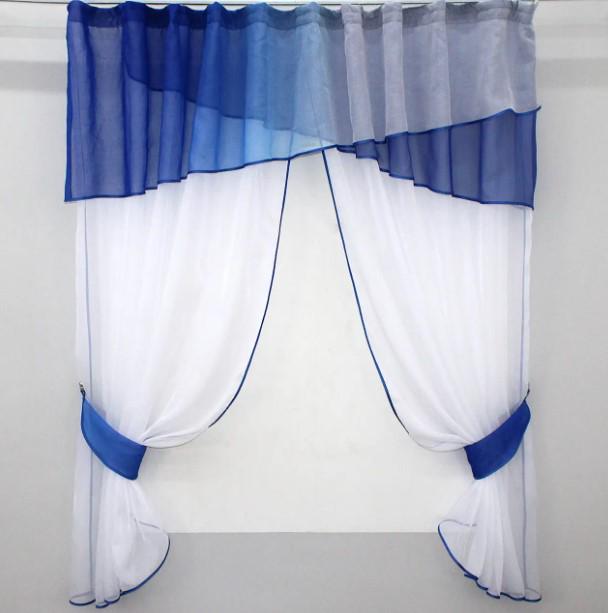 Шторки кухонные с ламбрекеном 260х170 см Синий/Белый (091к)