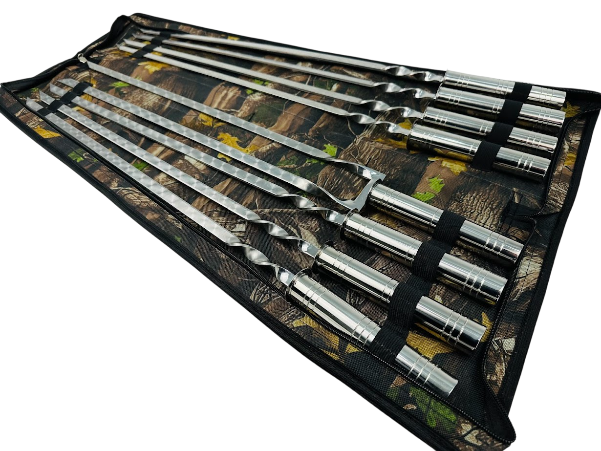 Набор шампуров комбинированный Серебро 8 предметов для пикника с двойным шампуром из нержавеющей стали в чехле 64 см Серебряный (124-10-NB-2279)