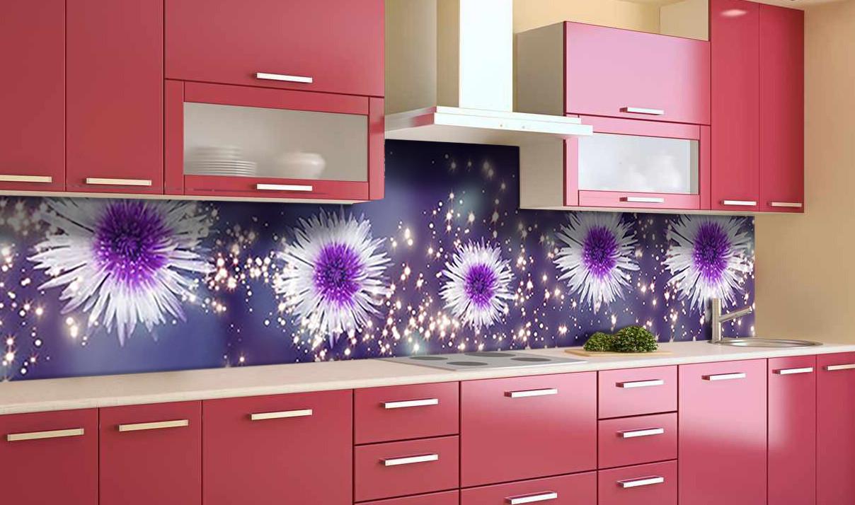 Кухонный фартук Блестящие астры сияние из самоклеющейся виниловой пленки 60х300 см Фиолетовый