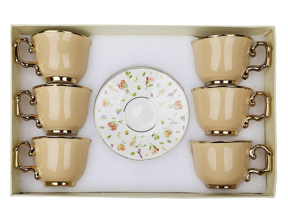 Чашки фарфоровые с блюдцами BonaDi Гортензия 220 мл 12 шт. Бежево-золотой (999-003)