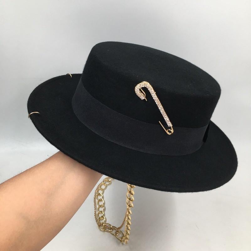 Капелюх канотьє фетровий Rebel Chic Hat з пірсингом/шпилькою/ланцюжками з вовни Чорний - фото 6