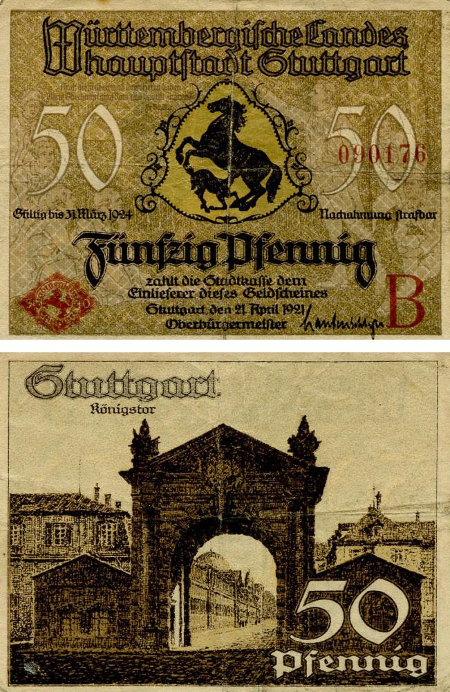 Коллекционная банкнота Германия Нотгельд 50 пфеннигов 1921 F-VF Штутгарт Разновидность 2 (Б18657) Коллекционная банкнота Германия Нотгельд 50 пфеннигов 1921 F-VF Штутгарт Разновидность 2 (Б18657)