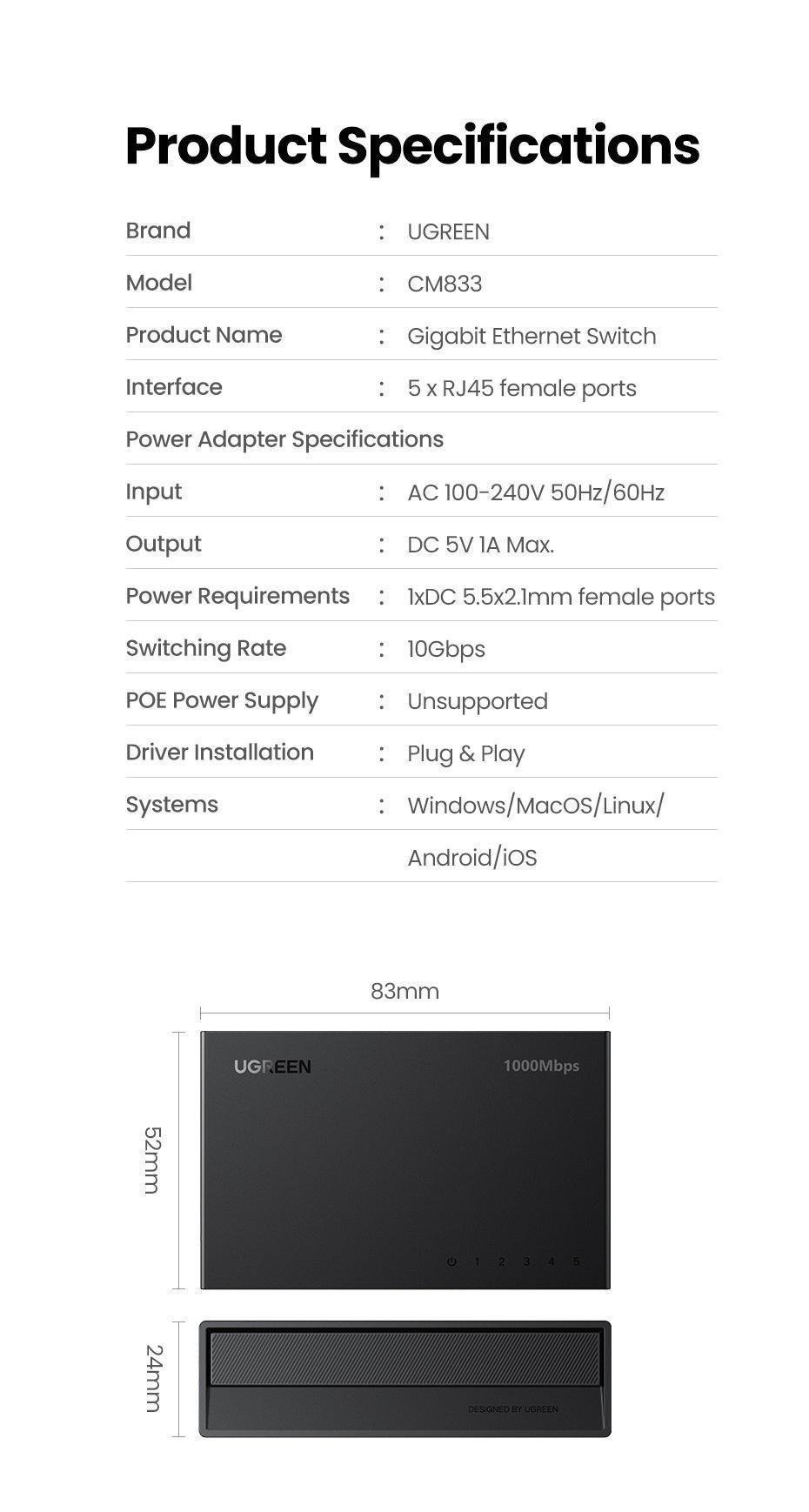 Комутатор мережевий Ugreen 5 портів 10/100/1000 мбіт/с Чорний (35492EU) - фото 10