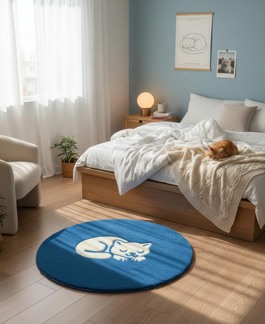 Килим ручної роботи Сплячий кіт круглий гіпоалергенний 78х78 см Синій (30102200)