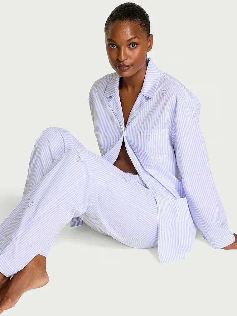 Піжама сорочка/штани Victoria's Secret Heritage Cotton Shine Oversized Pajama Set смужка Regular S Блакитний (27112051)