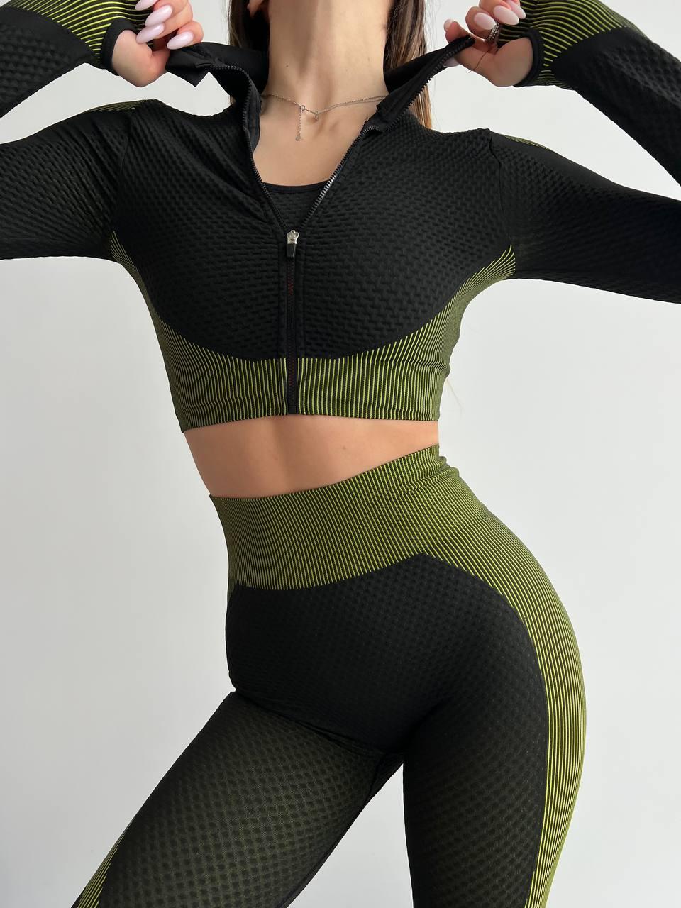 Костюм спортивний трійка рашгард топ/легінси L Чорний з зеленими вставками (F04L)