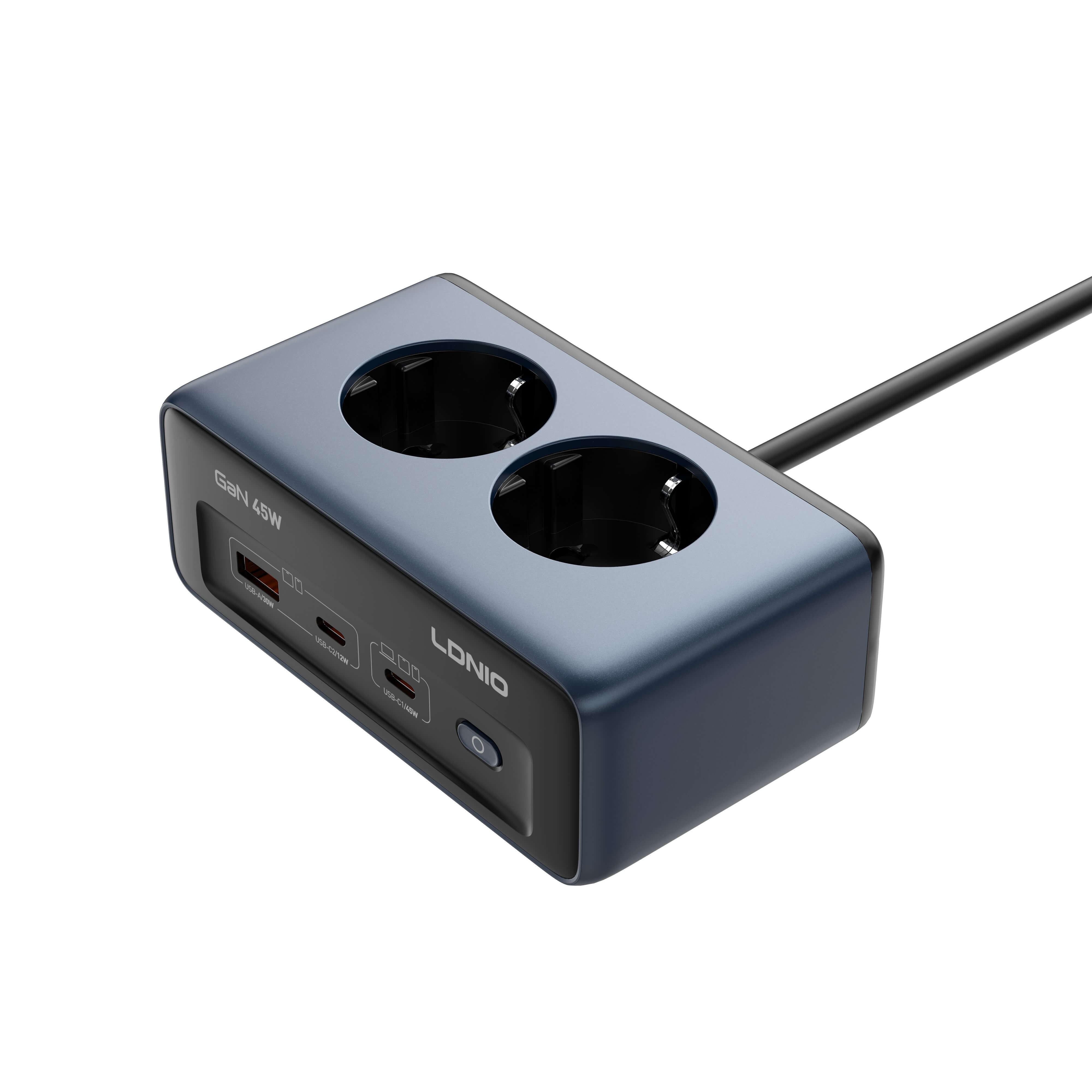 Сетевой удлинитель LDNIO SE3 45W GaN EU розетка 2500W 2хUSB-C PD+USB-A QC3.0 настольный