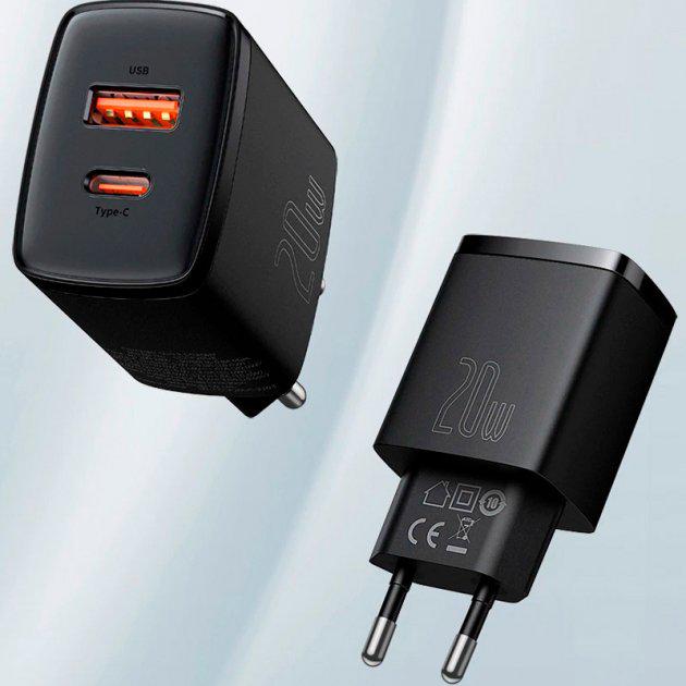 Зарядний пристрій Baseus 20W USB+Type-C Compact Quick Charger QC3.0+PD3.0 3A Black (CCXJ-B01) - фото 6