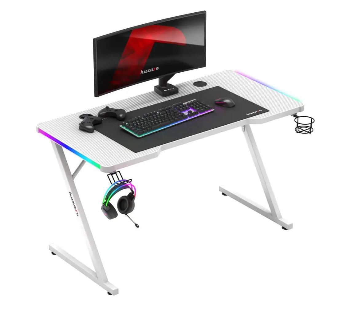 Комп'ютерний стіл геймерський Huzaro Hero 2.5 White RGB з LED підсвіткою з вирізом Білий