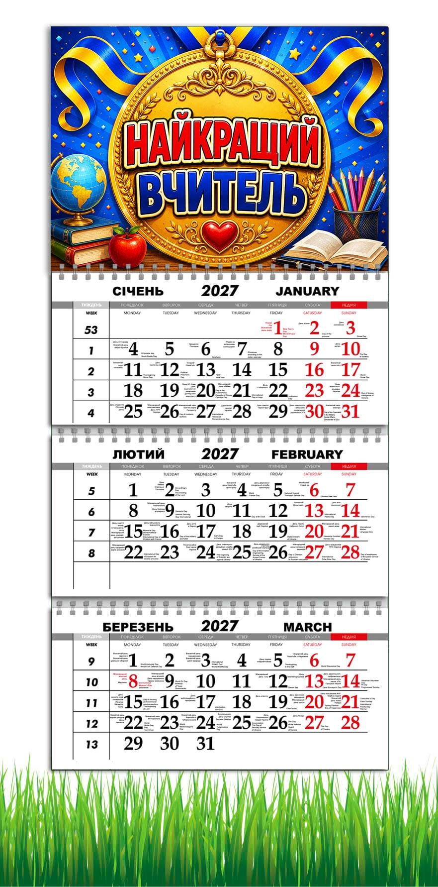 Календарь настенный квартальный на 2027 год APRIORI "Найкращий вчитель" 30х61 см (37216422)