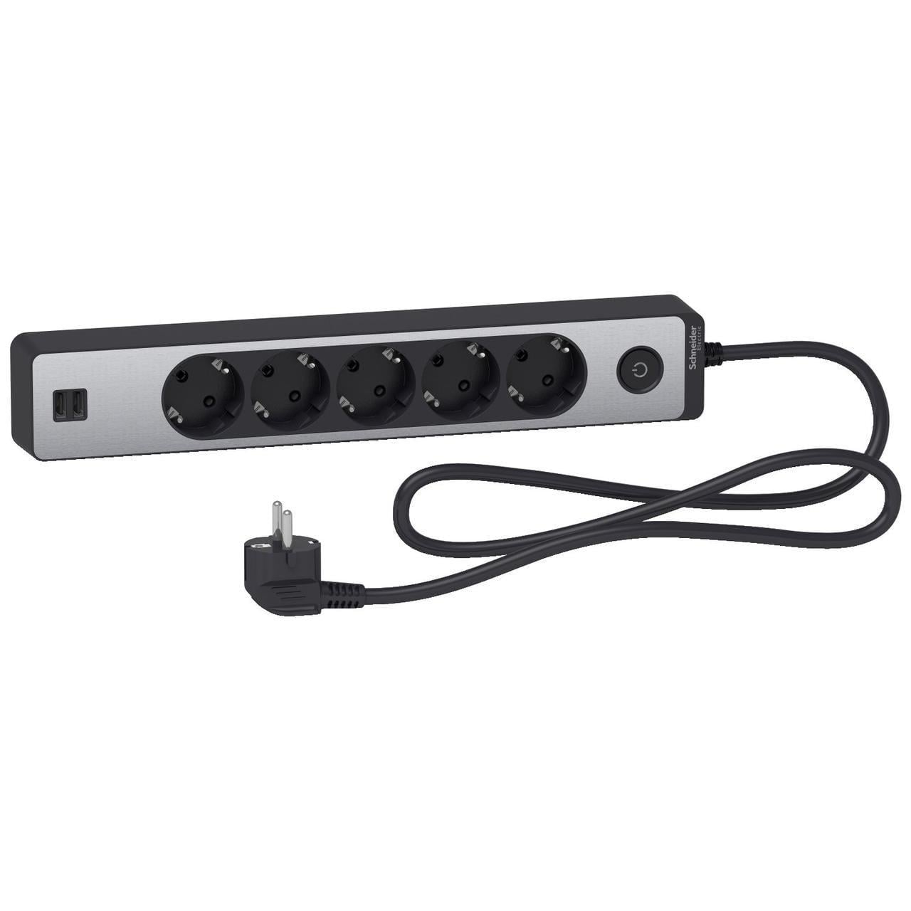 Подовжувач Schneider Electric 5 розеток з заземленням з 2xUSB 1,5 м Алюміній/Чорний (3140561779) Подовжувач Schneider Electric 5 розеток з заземленням з 2xUSB 1,5 м Алюміній/Чорний (3140561779)