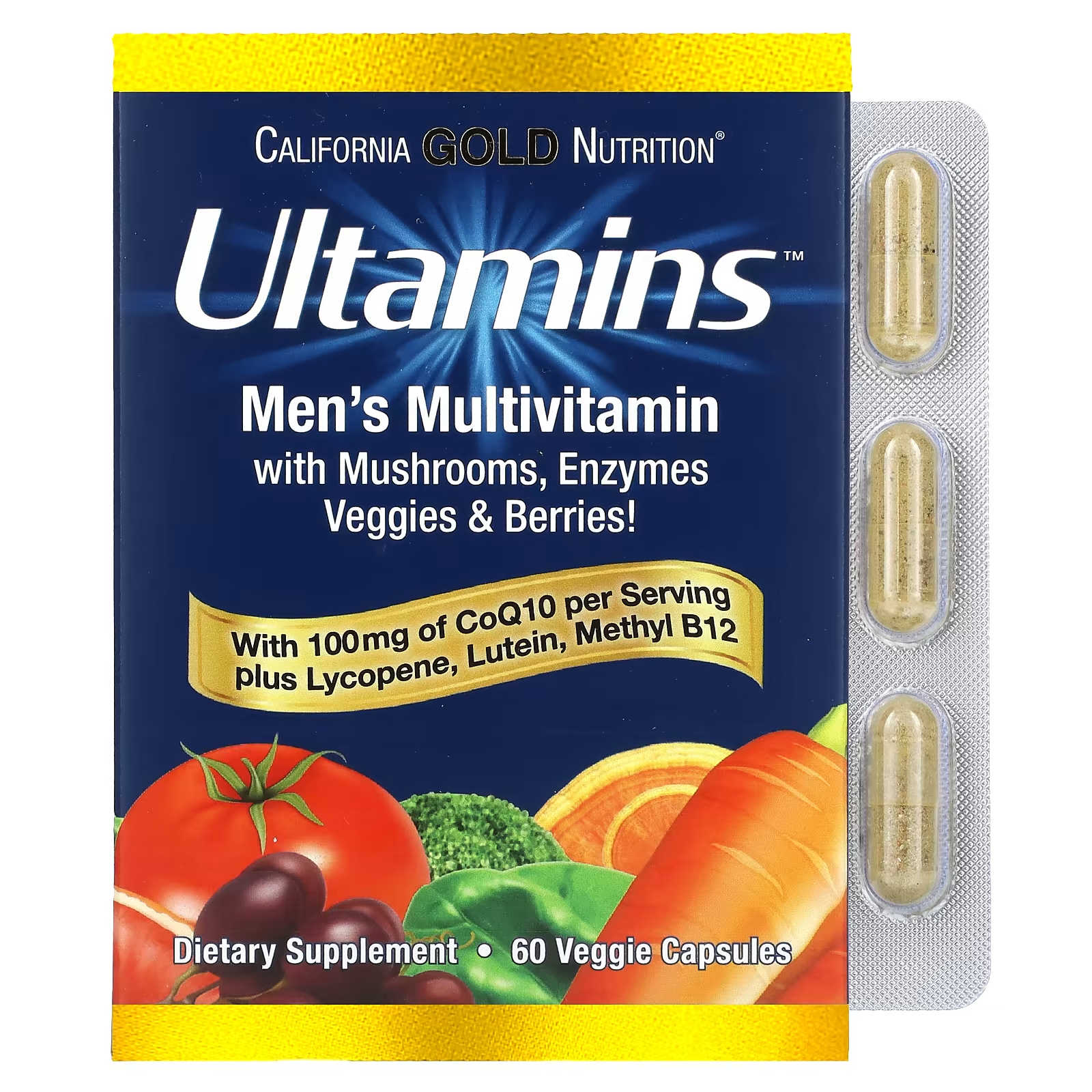 Мультивитамины California Gold Nutrition Ultamins для мужчин с коэнзимом Q10 грибы ферменты овощи и ягоды 60 вег. капс.