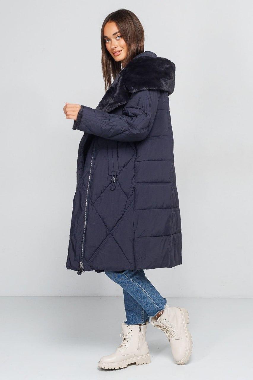 Тренч-пуховик жіночий з хутром р. 52 Синій (60452a/52) - фото 4