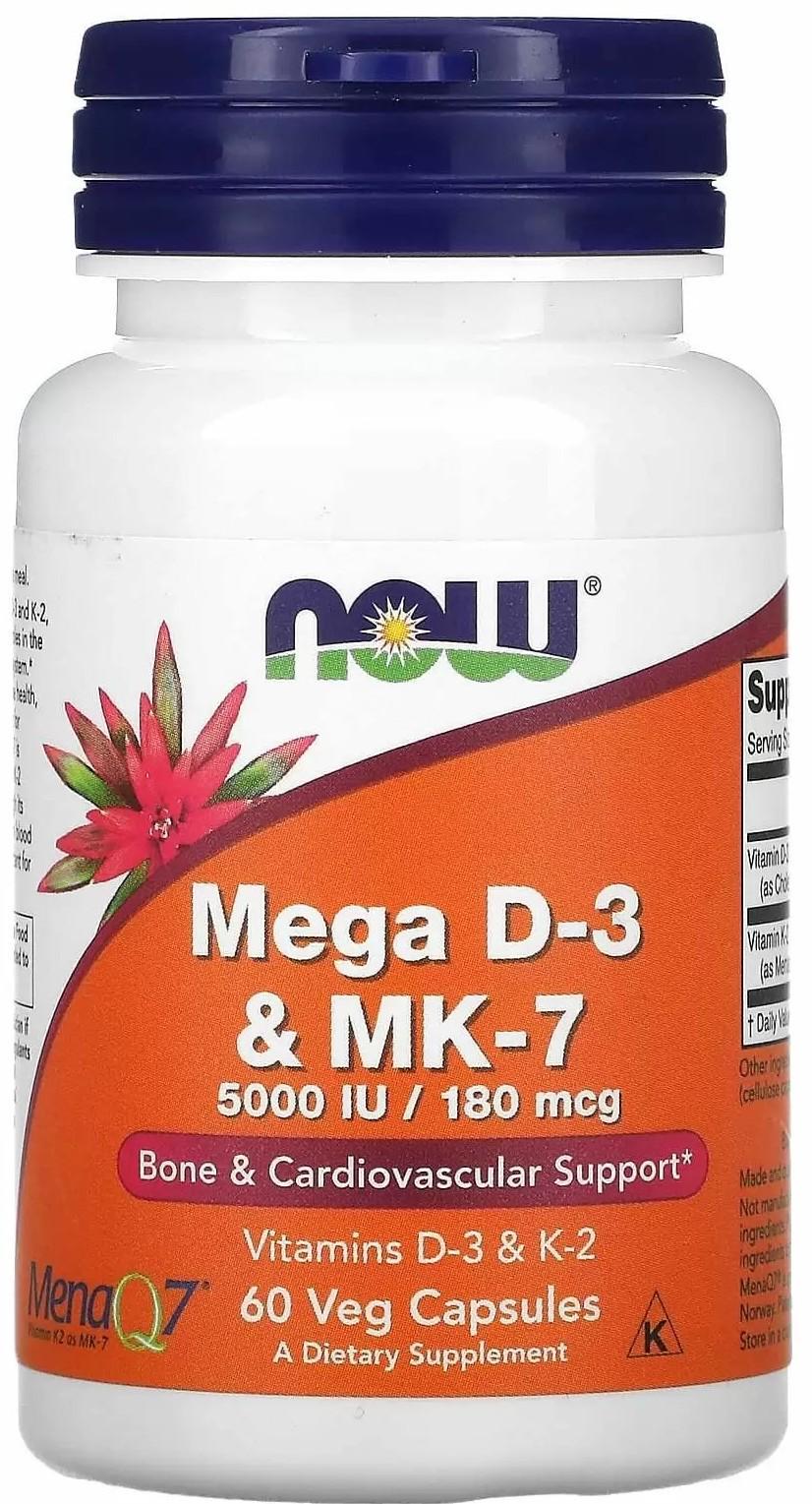 Витамин Д3 и К2 МК-7 Now Foods 5000 МE/180 мкг 60 капсул